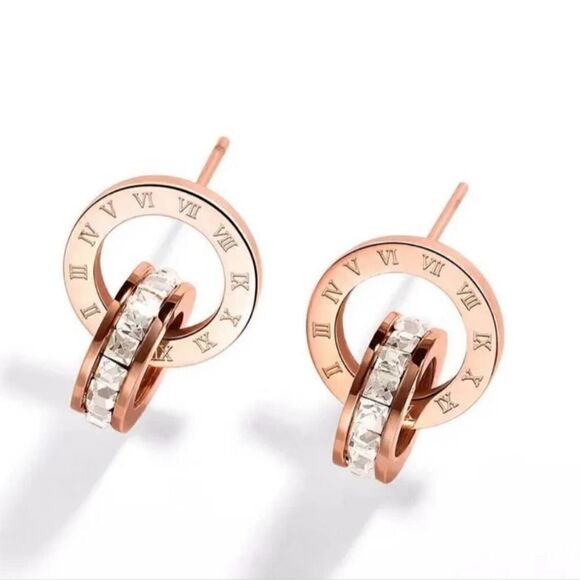 Round Letter Stainless Steel Plating Zircon Earrings - Picture 12 of 17